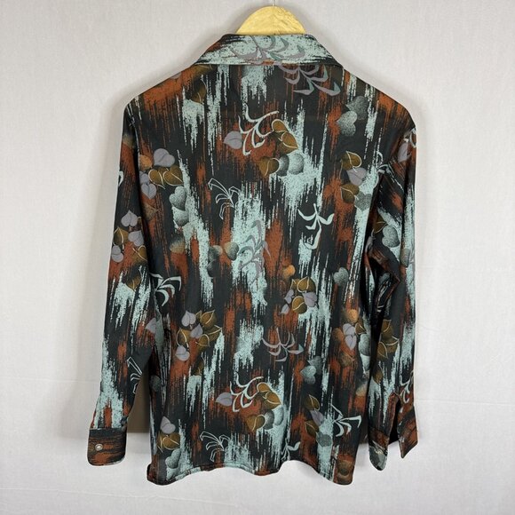 Vintage 70s Sears Disco Shirt Brown Blue Abstract Floral Long Collar Men 16.5 L - Picture 4 of 5